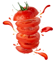 Sliced tomato with splashing juice on black.