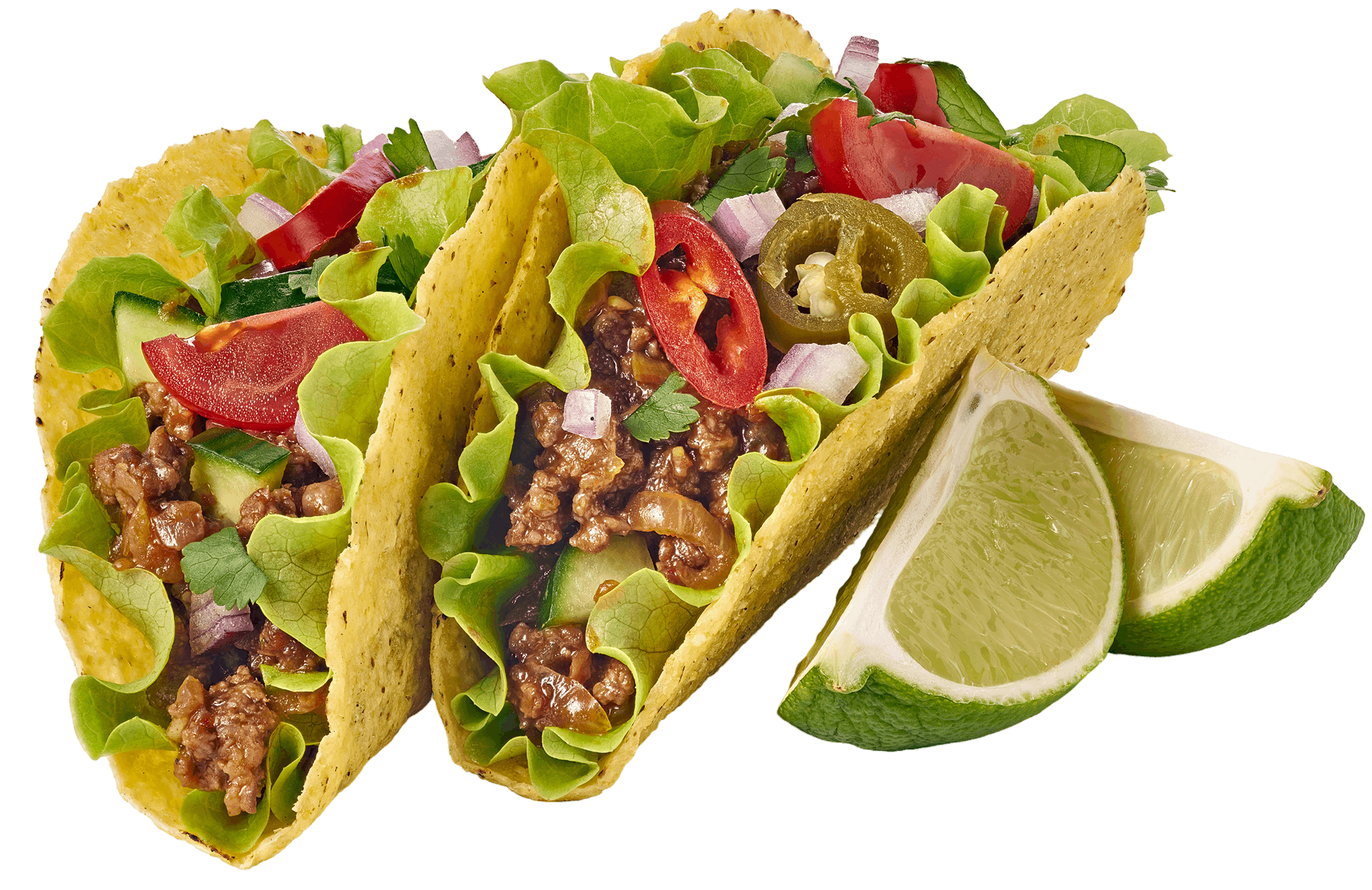 hero 3 Tacos with lettuce, tomatoes, and lime wedges.